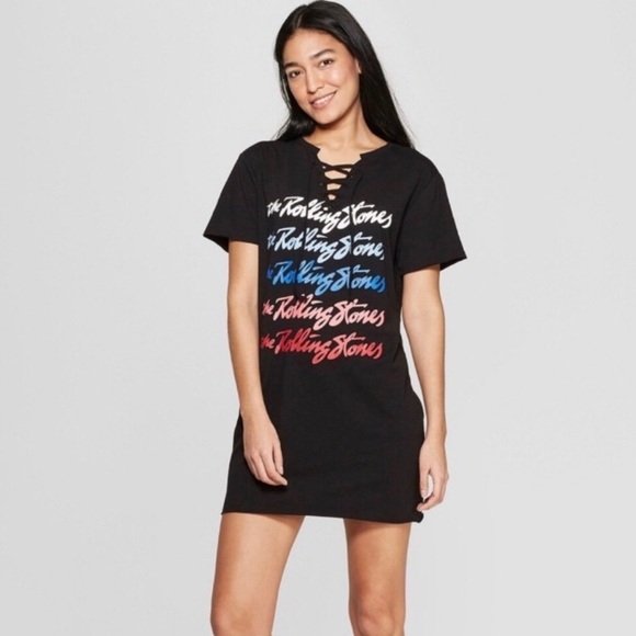 Rolling Stones black lace up neck detail rainbow logo tunic dress medium - Picture 1 of 6